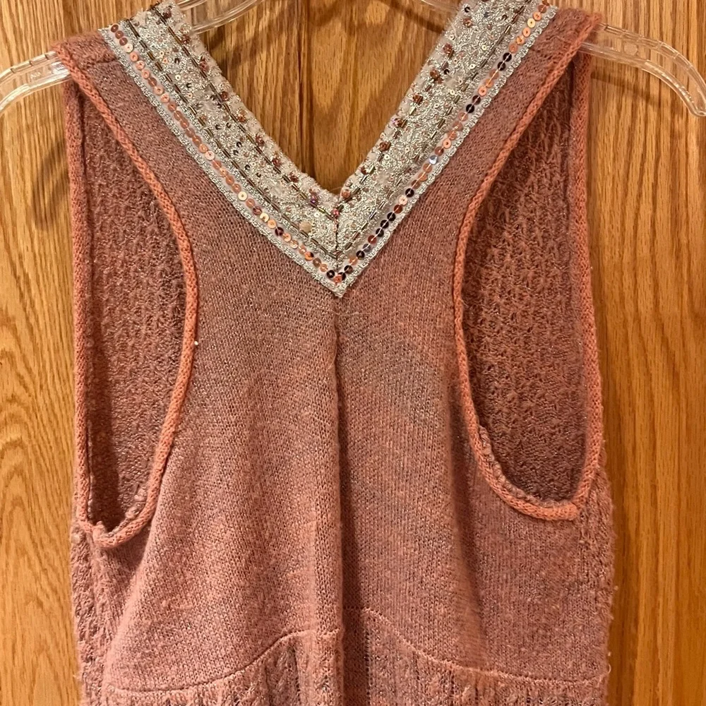 Vintage Free People Embellished Sweater Vest Tunic Top Dress Dusty Rose Sz Small
